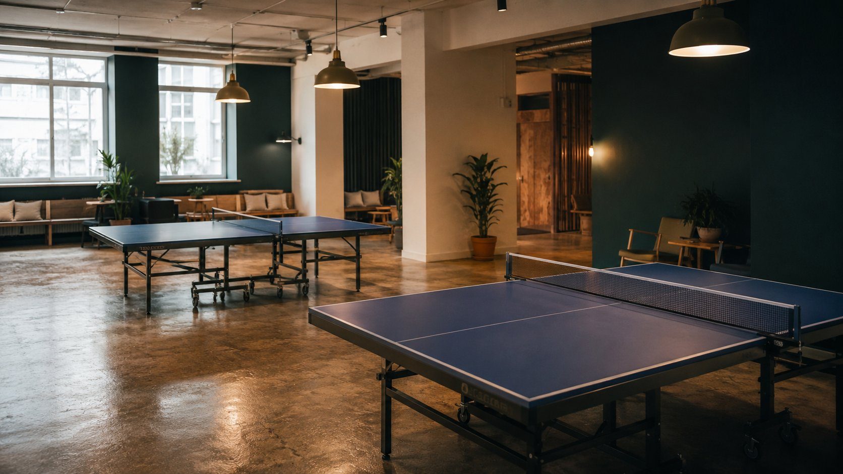 Espaço interior com mesas de ténis de mesa, ambiente moderno e bem iluminado