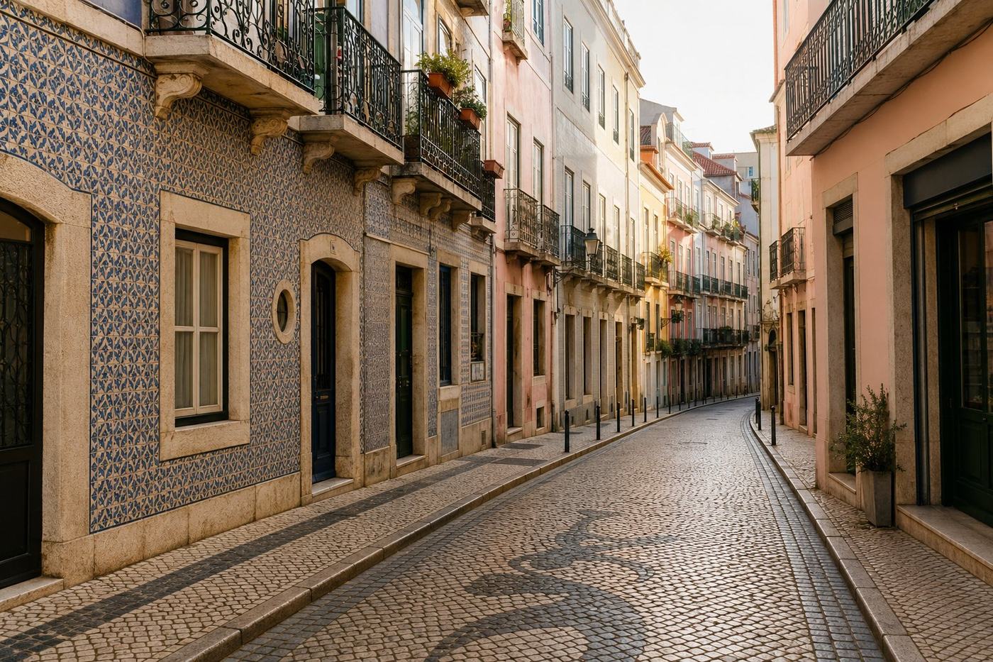 Rua típica do centro histórico de Lisboa, com fachadas de azulejo